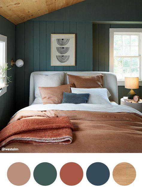 Earthy Teal Bedroom, Bedroom With Extra Space, Log Home Color Palette, Teal Colour Palette Bedroom, New England Farmhouse Bedroom, Sage Navy Bedroom, 13x15 Bedroom Layout, Coffee Colour Bedroom, Dusty Teal Bedroom