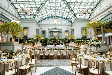 wedding-reception-at-harold-washington-library-in-chicago-greenery-gold-chairs-skylight-tall-ceiling Harold Washington Library, Romantic Candlelight, Library Wedding, Gold Chair, Gold Color Palettes, Chicago Wedding Venues, Wedding Inside, Tall Ceilings, Natural Garden