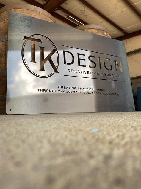 "This listing is for 30\"x46\" custom logo sign. Send us your logo/design and we will create your professional, custom business sign!   We can also help you be creative in coming up with a design that will work for you.  Just send me your logo in any format and I will create a rendering for you. I will make as many changes as needed until you are 100% happy.  Made from 14 gauge steel and comes with mounting holes. All of our signs are powder coated unless the natural raw finish is chosen.  Comes Metal Logo Sign, Metal Logo Design, Corporate Signs, Business Signs Outdoor, Law Office Decor, Metal Signage, Reception Sign, Custom Business Signs, Sign Business