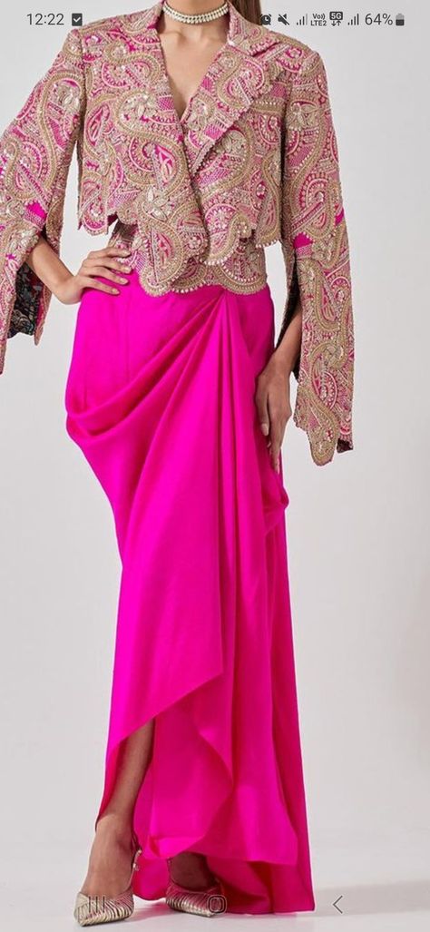 Pink Dress For Haldi Function, Indian Contemporary Fashion, Dhol Night Outfit, Indo Western Co Ord Sets Women, Designer Indo Western Outfits For Women, Co Ord Sets Women, Dress For Haldi Function, Cocktail Sarees, Dhoti Skirt