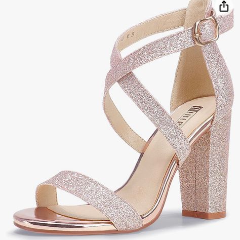 Rose Gold Shiny Heels. Retails $53.99 On Amazon Gold Chunky Heels, Low Block Heel Sandal, Navy Blue Heels, Rose Gold Heels, Silver Strappy Heels, Gold Strappy Heels, Sparkly Heels, Classy Shoes, Glitter Heels