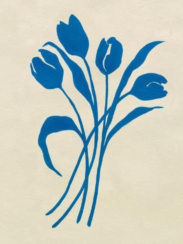 size: 12x9in Art Print: Blue Tulips II by Emma Caroline : Vintage Inspired Art Prints, Blue And White Folk Art, Blue Lino Print, Simple Painted Ceramics, Tulip Lino Print, Flower Print Making, Tulip Block Print, Cute Art Print, Tulip Illustration Simple