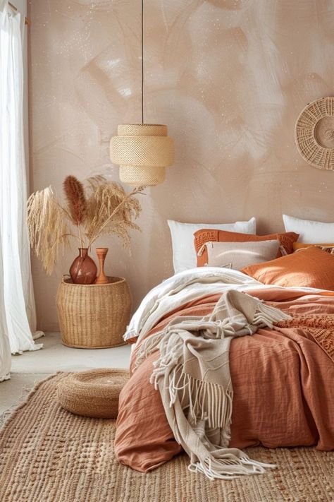 Warm Bedroom Colors, Southwest Bedroom, Terracotta Bedroom, Peach Bedroom, Boho Style Bedroom, Cozy Fall Bedroom, Bedroom Orange, Boho Room Decor, Relaxing Bedroom