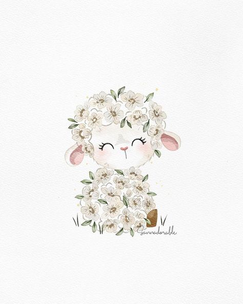 Baby Lamb Art, Angel Illustration Cute, Lamb Painting Easy, Nursery Illustration Art, Cute Lamb Drawing, Watercolor Lamb, Lamb Illustration, Baby Girl Watercolor, Paintings Illustration