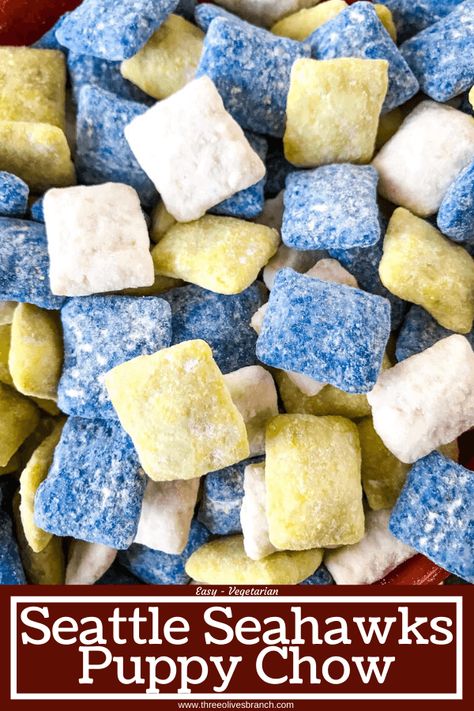 Seattle Seahawks Puppy Chow recipe is made with Chex cereal and candy melts. Celebrate your favorite NFL football team with a team colored snack or appetizer dessert recipe. Great for game day and Super Bowl party food. Gluten free. #seattleseahawks #gamedayrecipes Gameday Food Appetizers, Cheer Season, Chow Recipe, Puppy Chow Recipes, Appetizer Dessert, Bowl Party Food, Chex Cereal, Pinwheel Recipes, Superbowl Party Food