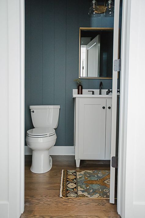 Bathroom Vertical Shiplap, Slate Blue Bathroom, Farmhouse Restroom, Moody Earth Tones, Dark Blue Bathroom, Basement Den, Dark Blue Bathrooms, Bathroom Dark, Moody Bathroom