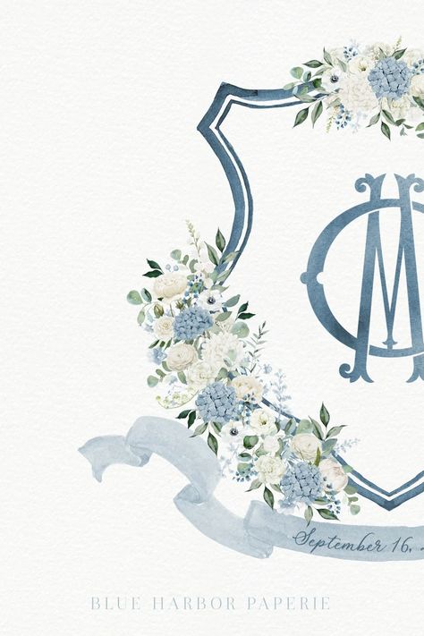 Dark and Light Blue and White Wedding Crest Blue Watercolor - Etsy Blue And White Wedding Crest, Simple Wedding Crest Monogram, Wedding Crest Save The Date, Vintage Monogram Wedding Crest, Wedding Crest Monogram, Watercolor Monogram, Wedding Crest, Pet Portrait Painting, Long Island Wedding