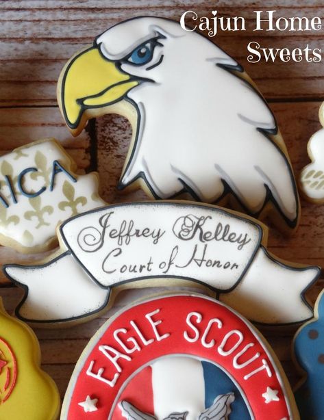 Eagle and Scroll, part of Eagle Scout cookie set by Cajun Home Sweets Eagle Cookies Decorated, Eagle Scout Cookies, Eagle Cookies, Eagle Scout Cake, Camping Cookies, Eagle Scout Ceremony, Sports Cookies, Patriotic Cookies, Eagle Scouts