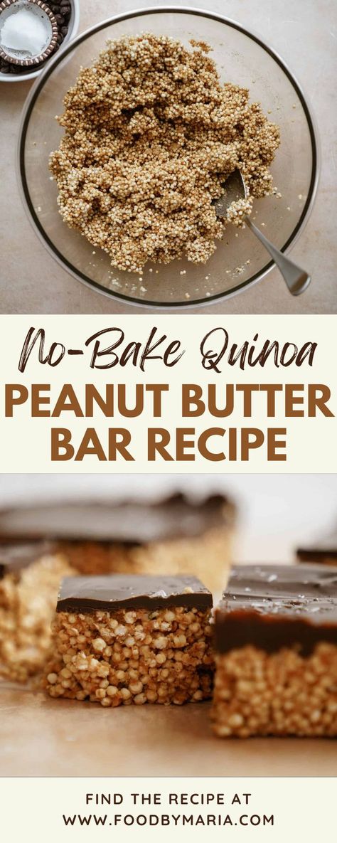 These No-Bake Quinoa Peanut Butter Bars are quick and easy to make and they only require 10-15 minutes in the fridge before you can enjoy them! This recipe is a great option for someone with a sweet tooth. With ingredients like peanut butter, puffed quinoa, and hemp seeds, each of these squares is healthy and are an excellent source of protein. Puffed Quinoa Dessert, Desert Quinoa Recipes, Healthy Quinoa Desserts, Quinoa Peanut Butter Bars, Puffed Quinoa Bars Healthy, Puffed Quinoa Recipes Healthy, Quinoa Protein Bar, Quinoa Bars Recipes, Quinoa Dessert Recipes Healthy