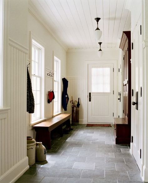 Beadboard Paneling, White Beadboard, Window Mudroom, Mudroom Flooring, Slate Tile Floor, Beadboard Ceiling, Mudroom Design, Interior Design Boards, Slate Flooring