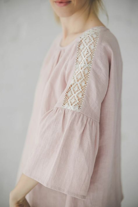 Pink Linen Blouse With Lace, Vintage Linen Top With Crochet, Ruffle Bell Shape Sleeves, One-size, Cottage Core Romantic Rustic Blouse / RUTA - Etsy Bell Shape Sleeves, Crochet Ruffle, Lace Vintage, Neckline Designs, Vintage Linen, Pink Linen, Linen Blouse, Style Expert, Linen Top