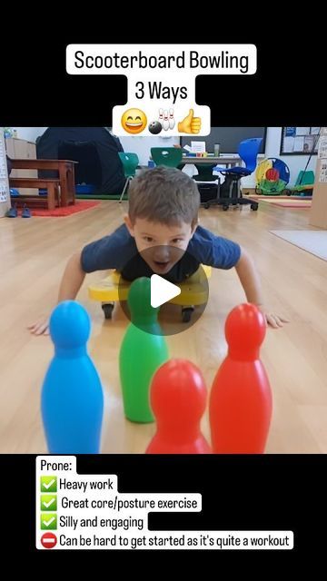 Adam Griffin on Instagram: "3 Ways to play one of my all-time favourite scooter board games for motor skills and sensory "heavy work" 😄🎳♥️  Prone: ✅️ Heavy work ✅️ Great core/posture exercise ✅️ Silly and engaging ⛔️ Can be hard to get started as it's quite a workout  Booster: ✅️ Super engaging and fun for the kid ✅️ Help with the hardest part of the exercise (getting moving) ✅️ Holding prone extension (superman) os a super position  ⛔️ Keep those hands high and watch the little fingers   Pushing the "Biggest Bowling Ball" 😁: ✅️ Really Heavy work (proprioception ++++) ✅️ Child led (let's the kid "crash" the adult 😅) ✅️ Super duper silly and engaging ⛔️ if its too heavy you can help out a little with your feet   I really do love this job 😄♥️🎳🤘  #occupationaltherapy  #motorskillsgames Scooter Board Activities For Kids, Sensory Circuits, Heavy Work Activities For Kids, Heavy Work Sensory, Ball Games For Kids, Gross Motor Activities For Kids, Bowling Games For Kids, Kid Exercise, Heavy Work Sensory Activities