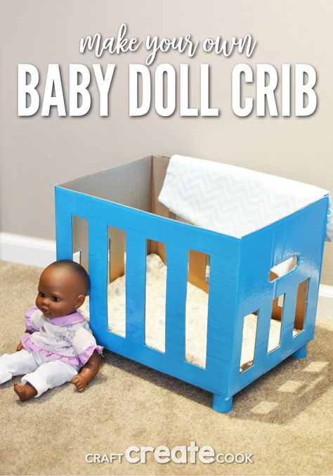 Reuse a box to create a DIY baby doll crib for hours of fun! Diy Baby Doll Crib, Baby Doll Crib, Cardboard Ideas, Cardboard Projects, Girl Craft, Diy Karton, Baby Doll Furniture, Baby Doll Bed, Diy Crib