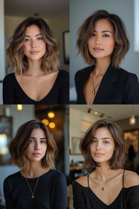 Haircuts Trending, Bob Hair Color, Wavy Bob Haircuts, Short Wavy Bob, Brunette Hair With Highlights, Brunette Balayage, Wavy Bob Hairstyles, Wavy Bob, Hair Inspiration Short