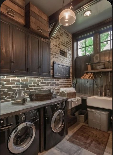 Log Cabin Laundry Room, Dream Laundry Room Luxury, Basement Laundry Rooms, Basement Laundry Area, Bathroom Laundry Room Combo, Unfinished Basement Laundry, Basement Laundry Room Ideas, Purple Pics, Elegant Laundry Room