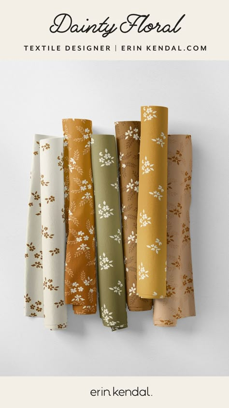 6 color variations of dainty floral fabric in small rolls, in earth tones — brown, cream, burnt orange, golden mustard, fresh sage green Floral Fabrics Prints, Dainty Floral Fabric, Floral Fabric Prints Patterns, Fabric Photography Textiles, Floral Prints Pattern Textile Design, Fabric Patterns Prints Textile Design, Fabric Photography Ideas, Erin Kendal, Floral Fabric Prints