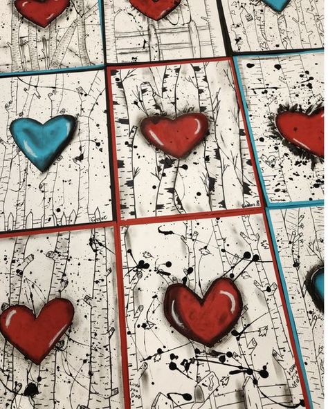 Misty Byrd on Instagram: "Finally got our 5th grade Jim Dine projects finished. I don't repeat a lot of projects but this is one I've been doing 5 years now. Always turns out great. #elementaryartteacher #elementaryart #artteacher #artteachersofinstagram #artwork #artclass #art #teachingart #artoftheday #oilpastels #kidscreate #kidsart #artprojects #teachingartrocks #sharpieart #artlovers #valentinesart #heartart #treeart" Jim Dine Art Projects For Kids, Jim Dine Hearts Art Lesson, 5th Grade Art Projects Lesson Plans, Jim Dine Hearts, Heart Art Lesson, Jim Dine Art, Elementary Valentines, Savannah Art, Valentine Art Projects