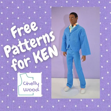 Make a whole outfit for Ken dolls with a jacket, shirt, and pants/jeans w/free patterns at ChellyWood.com #KenDoll #SewingFun Doll Jacket Pattern Free, Free Ken Doll Clothes Patterns, Ken Clothes Patterns Free, Ken Doll Clothes Patterns Free, Barbie Ken Outfit, Ken Doll Outfits, Diy Ken Clothes, Diy Ken Doll Clothes, Ken Doll Clothes