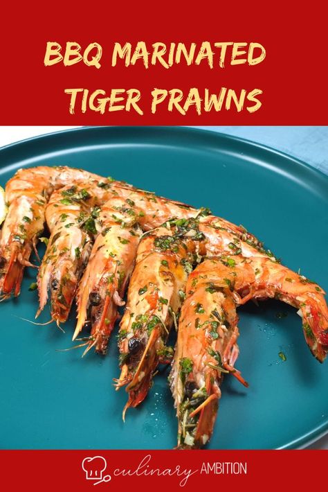 Grilled prawns are delicious and today is a good day for this stress-free recipe. The particularity of this recipe is to marinate the prawns after grilling. #recipeshare #easyrecipes #prawns #bbqdish #seafoodplatter #summerdish #culinaryambition #bbqrecipe #kingprawns #tigerprawns #giantprawns #shrimps Bbq Prawns Marinade, Prawn Marinade, King Prawn Recipes, Bbq Prawns, Herb Marinade, Spot Prawns, Grilled Prawns, Bbq Dishes, Prawn Recipes