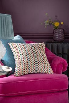 Buy Cushions Cushionsandthrows Online | Next UK Bright Cushions, Cottagecore Living, Stripe Cushion, Bright Living Room, Eclectic Bedroom, Pink Cushions, Velvet Quilt, Green Cushions, Striped Cushions