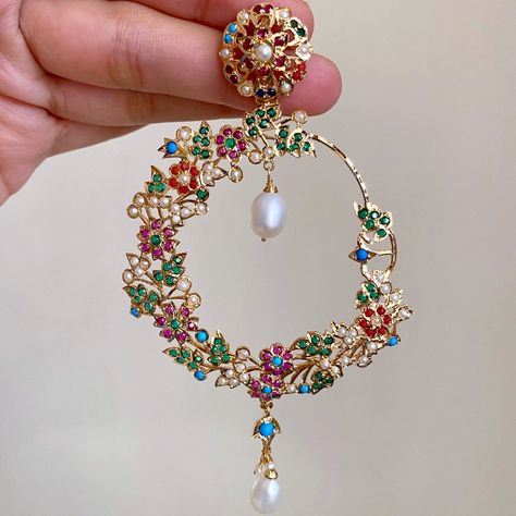 Large Navratan Chandbali Earrings | Statement Floral Chandbali | ER 63 Chand Bali Earrings, Jadau Jwellery, Jadau Earrings, Everyday Jewelry Gold, Chand Bali, Temple Jewellery Earrings, Temple Jewelry Necklace, Fancy Jewellery Designs, Jewelry Set Design