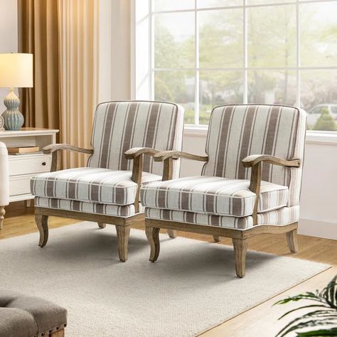 Amilio 2 Piece Upholstered Armchair Set Lioness Painting, Farmhouse Armchair, Striped Armchair, Comfy Armchair, Blue Armchair, Cozy Spot, Upholstered Armchair, Upholstered Accent Chairs, Lounge Armchair