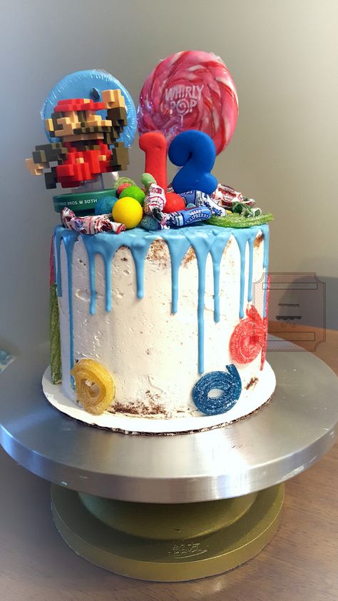 Cakes With Candy Inside, Super Mario Drip Cake, Candy Melt Drip Cake, Candy Drip Cake, Luigi Cake, Super Mario Tiered Cake, Cake With Swiss Meringue Buttercream, Birthday Cake Pinterest, Cake Sketch