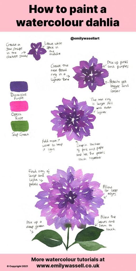 Dahlia Painting Watercolors, How To Paint Watercolor Dahlias, How To Draw Dahlia, How To Paint Watercolour Flowers, How To Paint Dahlias, Watercolour Dahlia, Painting Dahlias, Watercolour Flowers Painting, Dahlia Watercolor