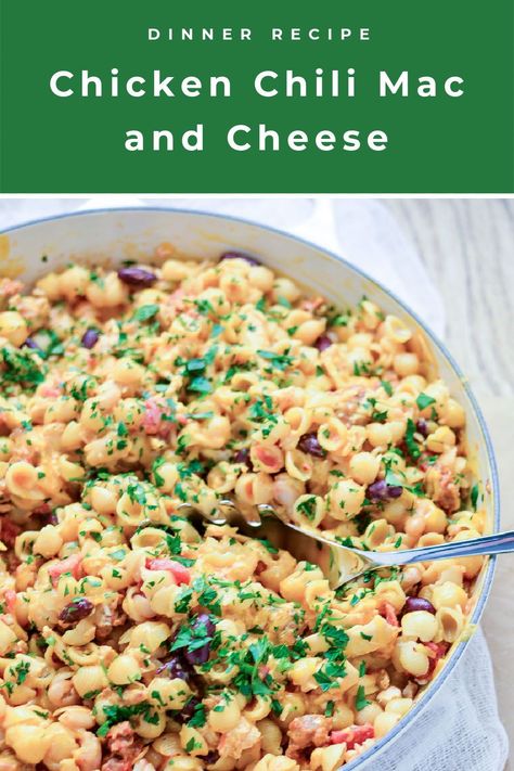 Super simple chicken chili mac and cheese is a comforting dinner recipe bowl that's wonderful as the temperatures start to cool down. Chicken Chili Mac, Chorizo Chili, Chicken And Chorizo, Leftover Chicken Breast, Chili Mac And Cheese, Boxed Mac And Cheese, Comforting Dinner, Chili Mac, Creamy Mac And Cheese