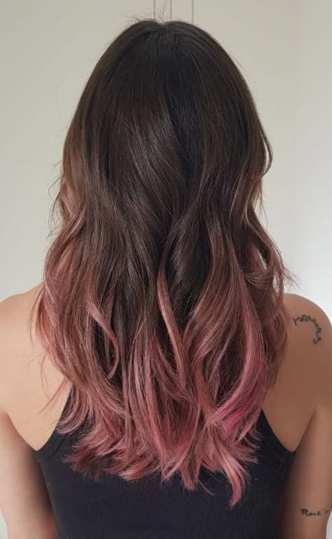 Dark Hair With Ombre Balayage, Brown Rose Gold Hair Balayage, Brown And Rose Gold Hair Ombre, Auburn Ombre Balayage, Brown To Pink Balayage Rose Gold, Pink Ombre Brown Hair, Rose Gold Hair On Brown Hair, Pink Hair In Brown Hair, Pink Overtone Brown Hair