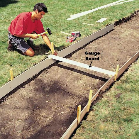 How to Pour a Concrete Sidewalk | The Family Handyman Outdoor Storage Locker, Small Outdoor Storage, Concrete Sidewalk, Hardboard Siding, Concrete Pathway, Lawn Mower Storage, Concrete Walkway, Cement Siding, Garden Storage Shed