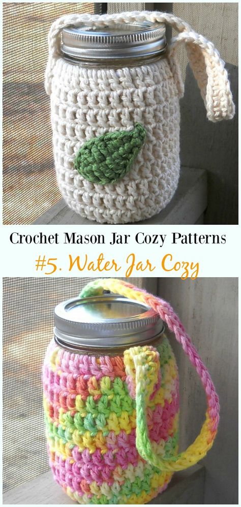 Crochet Water Jar Cozy Free Pattern- #Crochet #MasonJar Cozy Free Patterns Crochet Mason Jar, Crochet Cozies, Crochet Jar Covers, Mason Jar Cozy, Water Jar, Cup Cozies, Crochet Cup Cozy, Cozy Pattern, Crochet Shell Stitch