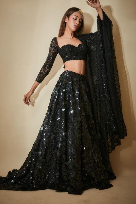 Set Women, Sweetheart Neck, Sheer Sleeves, Black Sequins, Real People, Set For Women, Lehenga, Hand Embroidered, Disney Characters