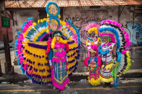 Carnival participants are dressed as traditional mas characters, "fancy Indians," in Trinidad.  PHOTOGRAPH BY AARON HUEY Pow Wow Regalia, Trinidad Carnival, Caribbean Carnival, Port Of Spain, Stone Arch, Bird Watchers, Red Feather, Friendship Quotes Funny, Cow Bell