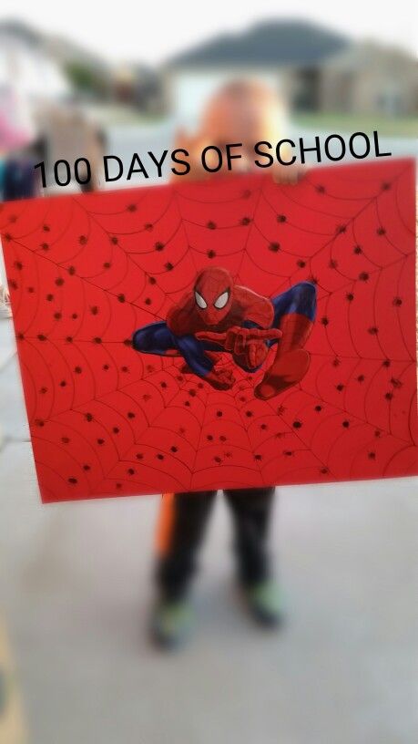 100th Day Of School Project Spider-Man boy. Supplies from the Dollar Tree: red poster board, Spider-Man Mylar balloon (cut out the Spider-Man). Draw the web, adhere the cutout (I used double stick tape), have their little fingers count and leave 100 little prints all over then draw 8 little legs on each print. My son loved it and it was a hit with his classmates. Spiderman 100 Days Of School, 100 Day Of School Project For Boys, 100 Days Of School Poster Ideas Boys, School Projects Ideas, 100 Days Of School Poster, 100th Day Of School Project, School Poster Ideas, 100 Days Of School Project Kindergartens, 100 Días De Clases