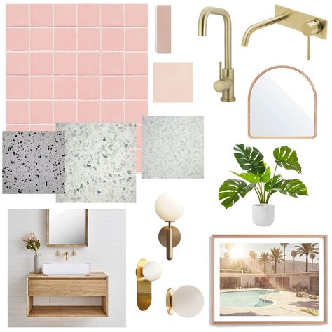 Palm Springs Mood Board, Pink Feature Tile Bathroom, Miami Airbnb, Pink And Terrazzo Bathroom, Pink Fishscale Tile Bathroom, Bathroom Feature Wall Tile Pink, Palm Springs Bathroom, Palm Springs Hexagon Tiles, Palm Springs Kitchen