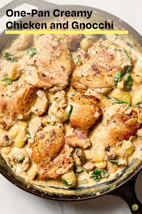 Serve creamy chicken and gnocchi in a creamy garlic-Parmesan sauce for dinner tonight. Chicken And Gnocchi, Creamy Garlic Parmesan Sauce, Cooking Chicken Thighs, Holy Cannoli, Chicken Gnocchi, Meal Inspiration, Parmesan Sauce, Garlic Parmesan Chicken, Herb Chicken