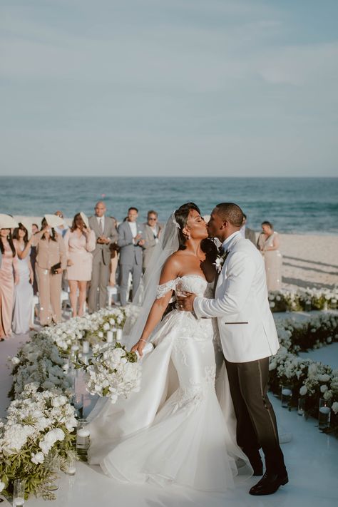 Beautiful Bride And Groom, Beach Wedding Black Couple, Bride And Groom In White, Black Bride And Groom, Black Wedding Photos, Couple Wedding Photos, Beach Wedding Black, Oceanfront Wedding, Beautiful Bridal Hair