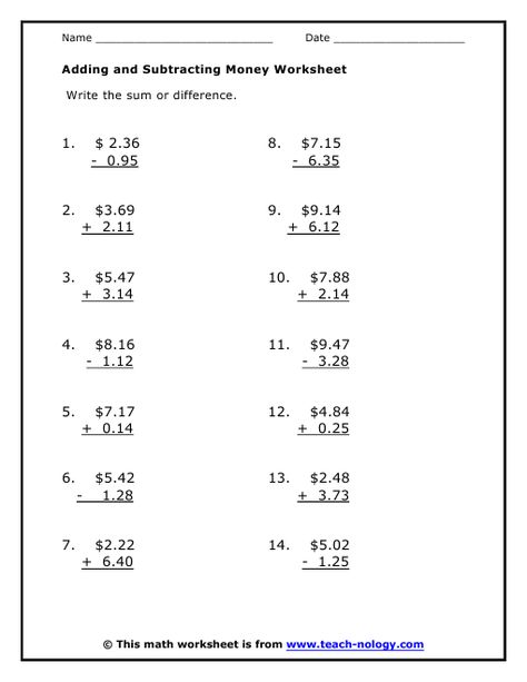 Addition and Subtraction of Money Basic Subtraction Worksheets, Subtraction Facts Worksheet, Money Learning, Math Subtraction Worksheets, Money Word Problems, Basic Subtraction, Math Fact Worksheets, Math Addition Worksheets, Worksheets For Grade 3