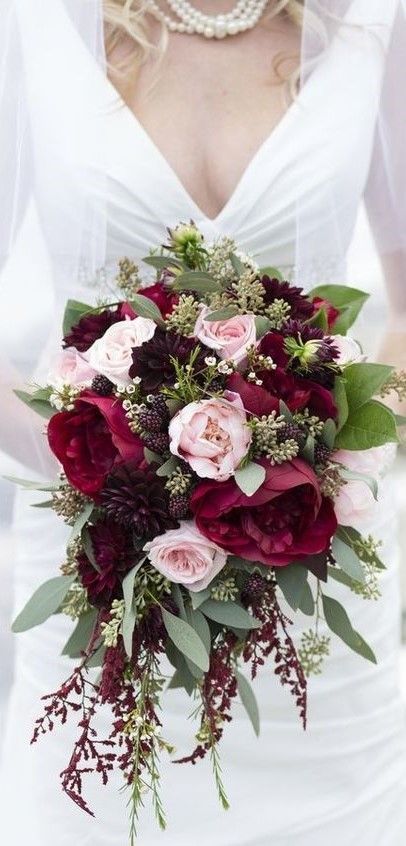 Wedding Bouquets Burgundy, Wedding Flowers Red Roses, Astilbe Bouquet, Black Magic Roses, Burgundy Dahlia, Cascading Bouquet, Rose Bridal Bouquet, Red Wedding Flowers, Dusty Blush