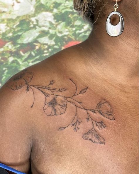 Poppy Tattoo Shoulder, Poppy Tattoo Sleeve, California Poppy Tattoo, Poppy Tattoo, Poppies Tattoo, California Poppies, Collar Bone Tattoo, California Poppy, Sanya