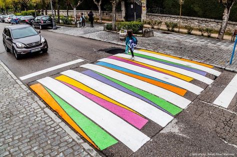 Artist Turns Madrid's Crosswalks into Colourful Works of Art - BlazePress Guerilla Art, Tactical Urbanism, Pedestrian Crossing, Zebra Crossing, Hidden In Plain Sight, Colossal Art, Street Marketing, Modern Crafts, Street Design