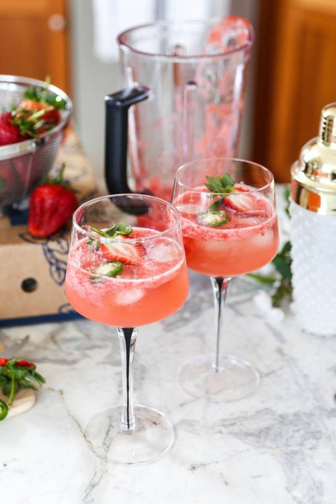 Spice it up with this Jalapeño Strawberry Cocktail Strawberry Puree For Drinks, Strawberry Cocktail Recipe, Cocktail Strawberry, Cabin Food, Strawberry Cocktail, Valentine Cocktails, Strawberry Cocktails, Drinks Recipe, Cocktails To Try