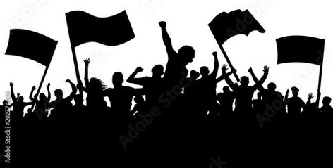 Stock Image: Crowd of people with flags, banners. Sports, mob, fans. Demonstration, manifestation, protest, strike, revolution, riot, propaganda. Silhouette background vector People Power Revolution, Silhouette Background, Crowd Of People, Youth Camp, Flag Vector, Power To The People, Fine Arts Posters, Vector Stock, Bing Images