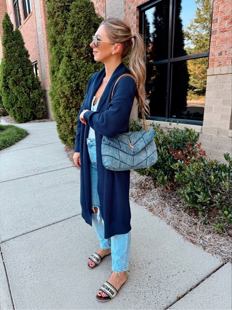 Amazon Fashion, Fall Outfits, Denim on Denim, Fall Fashion Saint Laurent Denim Bag, Ysl Denim Bag Outfit, Denim Handbag Outfit, Amazon Cardigans, Saint Laurent Bag Outfit, Denim Fall Outfit, Amazon Cardigan, Loulou Puffer, Denim Handbag