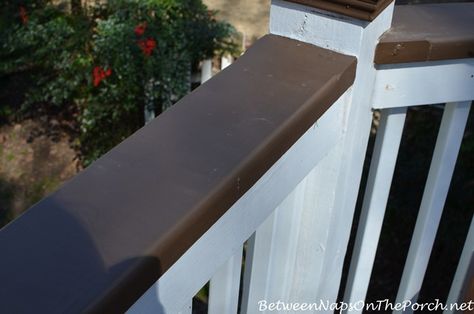 White House Black Deck Railing, Brown Painted Deck, Dark Brown Deck Paint, Brown And White Deck, Dark Brown Deck, Dark Wood Decking, Deck Paint Colors, Brown Deck, Deck Rails