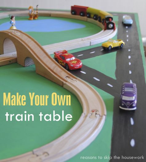 Make Your Own Train Table - Reasons To Skip The Housework Diy Train, Model Train Table, Kids Play Table, Train Board, Toy Trains Set, Train Table, Play Table, Wooden Train, Thomas The Train