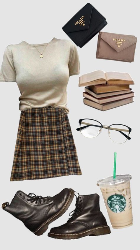 Dark Academia Oufit #darkacadamia #starbucks #cute #glasses Academia Style Summer, Dark Academia Teacher Outfit, Nerdy Outfits Girl, Academia Glasses, Dark Academia Tops, Dark Academia Glasses, Chaotic Academia Aesthetic Outfit, Casual Dark Academia Outfits, Cute Nerd Outfits