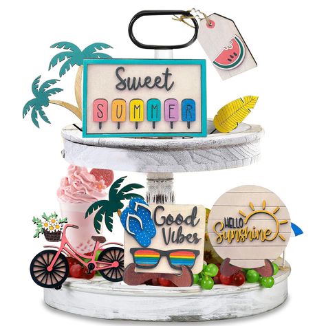 PRICES MAY VARY. 【SUMMER TIERED TRAY DECOR】You will receive 5 different styles of layered tray designs, each cute and elegant, with sufficient quantity and diverse styles to easily meet your decoration needs, and also suitable for decorating your layered tray in daily life. 【SUMMER BEACH DESIGN】The wooden layered tray dining table decoration incorporates many summer beach elements, such as sunglasses, with exquisite patterns and bright colors that match the theme of the holiday atmosphere, addin Farmhouse Tray Decor, Signs For Kitchen, Beach Elements, Summer Tiered Tray Decor, Summer Tiered Tray, Party Home Decoration, Farmhouse Tray, Tray Design, Holiday Kitchen