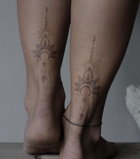 2x2 Tattoos Ideas, Cryptic Tattoos, Back Of Ankle Tattoo, Calf Tattoos For Women, Back Of Leg Tattoos, Chakra Tattoo, Yoga Tattoos, Ankle Tattoos For Women, Boho Tattoos